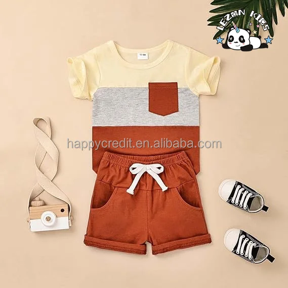 LEZONKIDS - Customizable Hot Sale Summer Outfits Short Sleeve Patchwork Top T-shirt Pocket Pant Set 2 Piece Boy Clothing Set